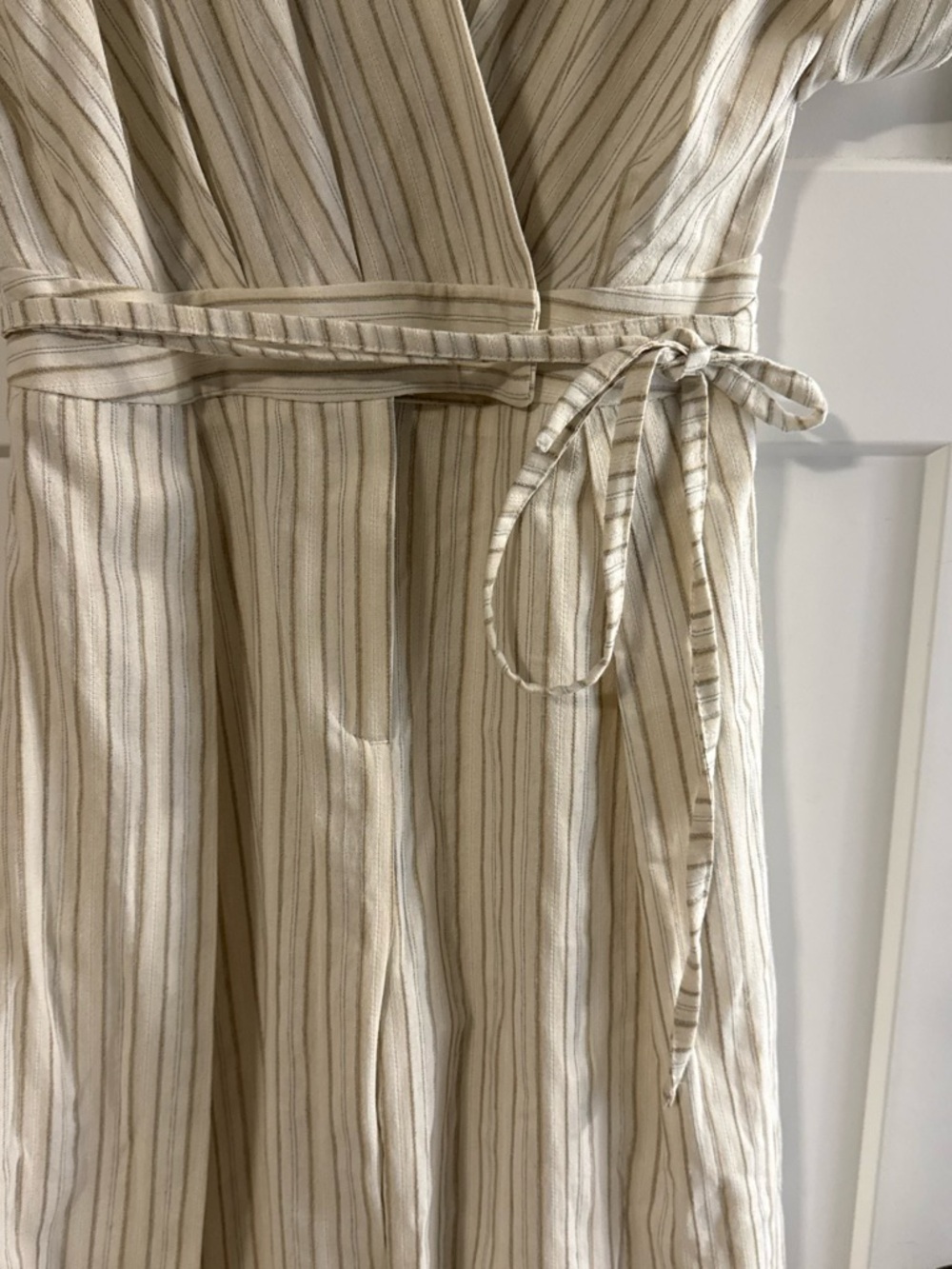 Zara Striped Wrap Barrel Linen Jumpsuit in Cream and Beige - Picture 3 of 8